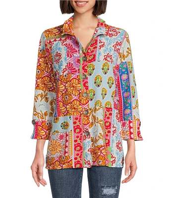 Calessa Printed Ruffled Stand Collar Long Sleeve Button Front Tunic