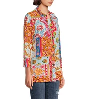 Calessa Printed Ruffled Stand Collar Long Sleeve Button Front Tunic