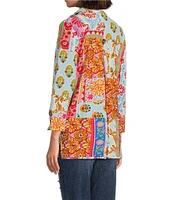 Calessa Printed Ruffled Stand Collar Long Sleeve Button Front Tunic