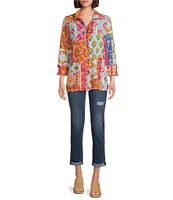 Calessa Printed Ruffled Stand Collar Long Sleeve Button Front Tunic