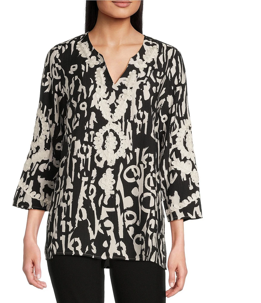 Calessa Printed Soutache Embroidered Split V-Neck 3/4 Sleeve Top