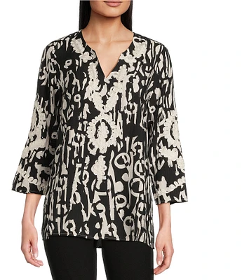 Calessa Printed Soutache Embroidered Split V-Neck 3/4 Sleeve Top