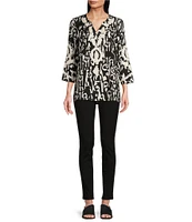 Calessa Printed Soutache Embroidered Split V-Neck 3/4 Sleeve Top