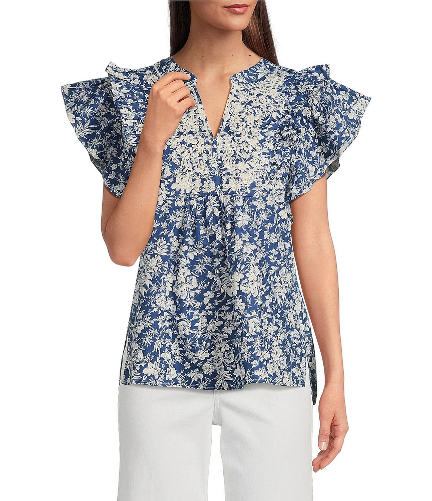 Calessa Printed Split V-Neck Ruffled Cap Sleeve Top