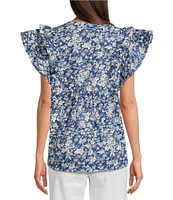 Calessa Printed Split V-Neck Ruffled Cap Sleeve Top