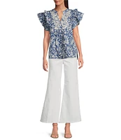 Calessa Printed Split V-Neck Ruffled Cap Sleeve Top