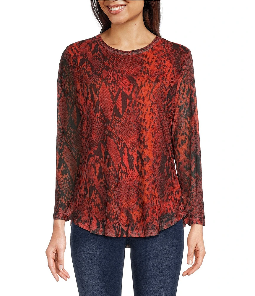 Calessa Printed Stretch Mesh Crew Neck Long Sleeve Blouse