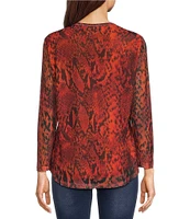 Calessa Printed Stretch Mesh Crew Neck Long Sleeve Blouse