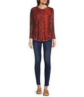 Calessa Printed Stretch Mesh Crew Neck Long Sleeve Blouse