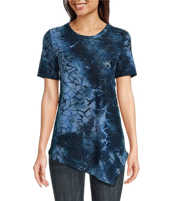 Calessa Round Neck Short Sleeve Tie Die Burnout Top
