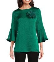 Calessa Satin Flower Applique Round Neck 3/4 Sleeve Top