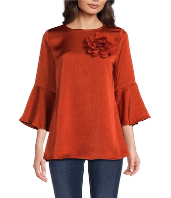 Calessa Satin Rosette Crew Neck 3/4 Sleeve Tunic Top