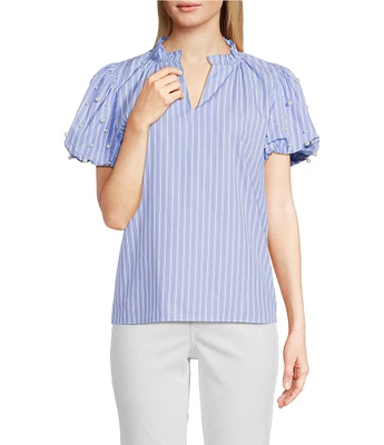 Calessa Short Pearl Sleeve Split V-Neck Striped Woven Blouse