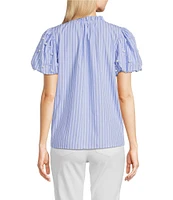 Calessa Short Pearl Sleeve Split V-Neck Striped Woven Blouse