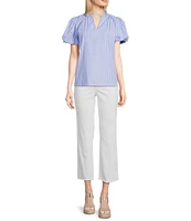 Calessa Short Pearl Sleeve Split V-Neck Striped Woven Blouse