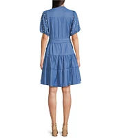 Calessa Short Pearl Sleeve Split V-Neck Tiered Chambray Dress