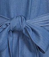 Calessa Short Pearl Sleeve Split V-Neck Tiered Chambray Dress