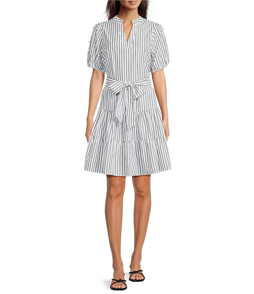 Calessa Short Pearl Sleeve Split V-Neck Tiered Tie Belt Striped Dress