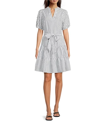 Calessa Short Pearl Sleeve Split V-Neck Tiered Tie Belt Striped Dress