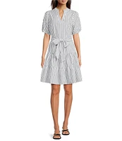 Calessa Short Pearl Sleeve Split V-Neck Tiered Tie Belt Striped Dress