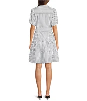Calessa Short Pearl Sleeve Split V-Neck Tiered Tie Belt Striped Dress
