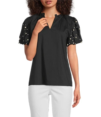 Calessa Short Pearl Sleeve Split V-Neck Woven Blouse