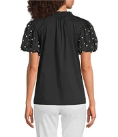 Calessa Short Pearl Sleeve Split V-Neck Woven Blouse