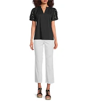 Calessa Short Pearl Sleeve Split V-Neck Woven Blouse