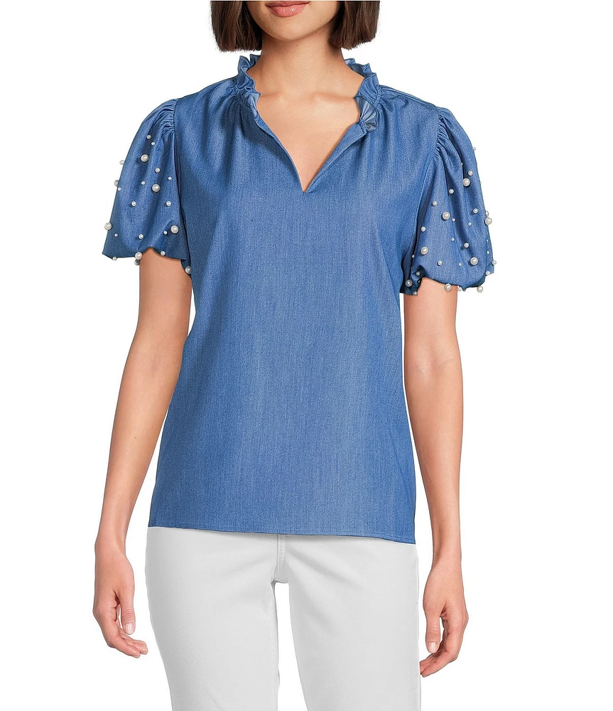 Calessa Short Pearl Sleeve Split V-Neck Woven Chambray Blouse