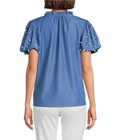 Calessa Short Pearl Sleeve Split V-Neck Woven Chambray Blouse