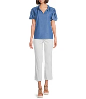 Calessa Short Pearl Sleeve Split V-Neck Woven Chambray Blouse