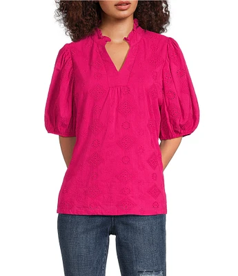 Calessa Split V-Neck Short Sleeve Embroidered Top
