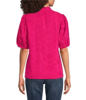 Calessa Split V-Neck Short Sleeve Embroidered Top
