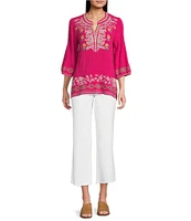 Calessa Split V-Neck Long Sleeve Embroidered Tunic