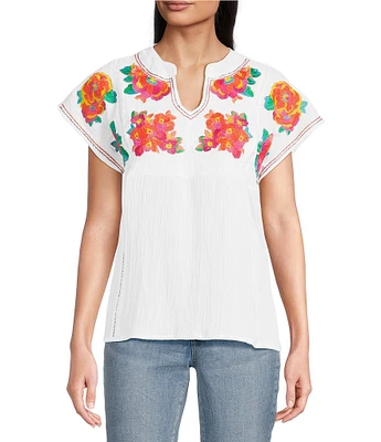 Calessa Split V-Neck Short Sleeve Embroidered Crinkle Top