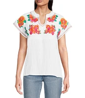Calessa Split V-Neck Short Sleeve Embroidered Crinkle Top