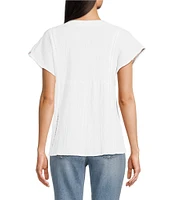 Calessa Split V-Neck Short Sleeve Embroidered Crinkle Top