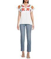 Calessa Split V-Neck Short Sleeve Embroidered Crinkle Top