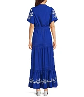 Calessa Split V-Neck Short Sleeve Embroidered Maxi Dress