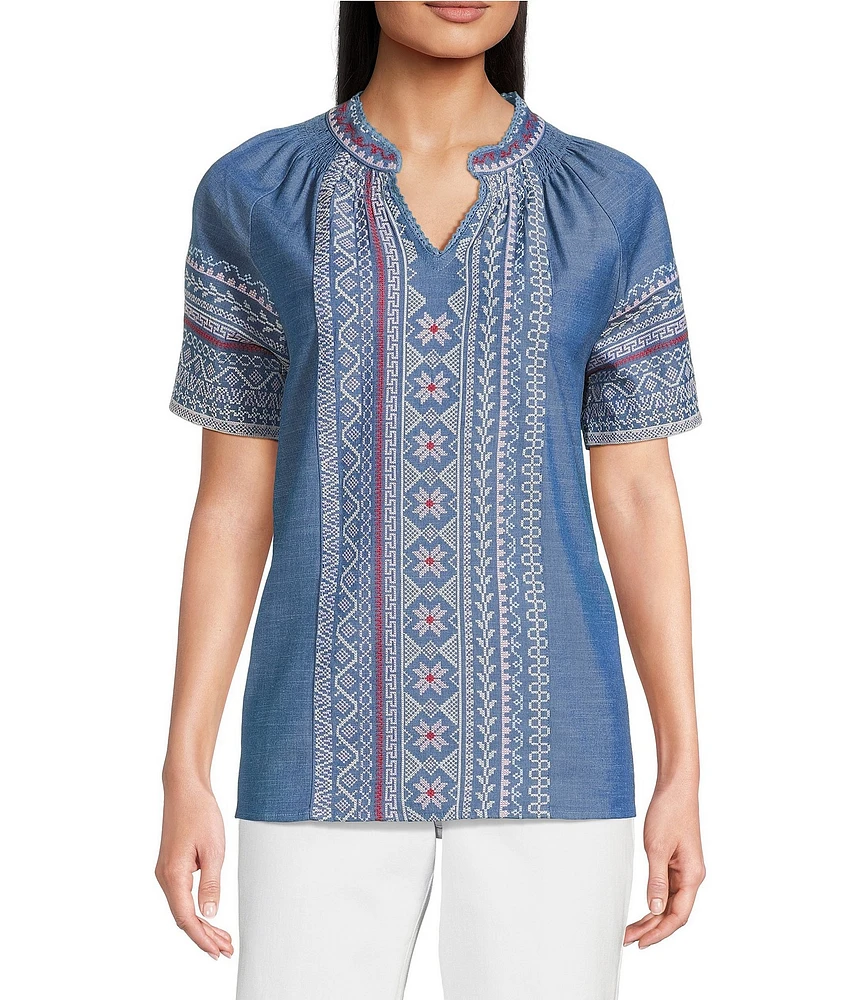 Calessa Split V-Neck Short Sleeve Embroidered Tunic