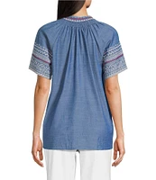 Calessa Split V-Neck Short Sleeve Embroidered Tunic