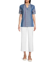 Calessa Split V-Neck Short Sleeve Embroidered Tunic