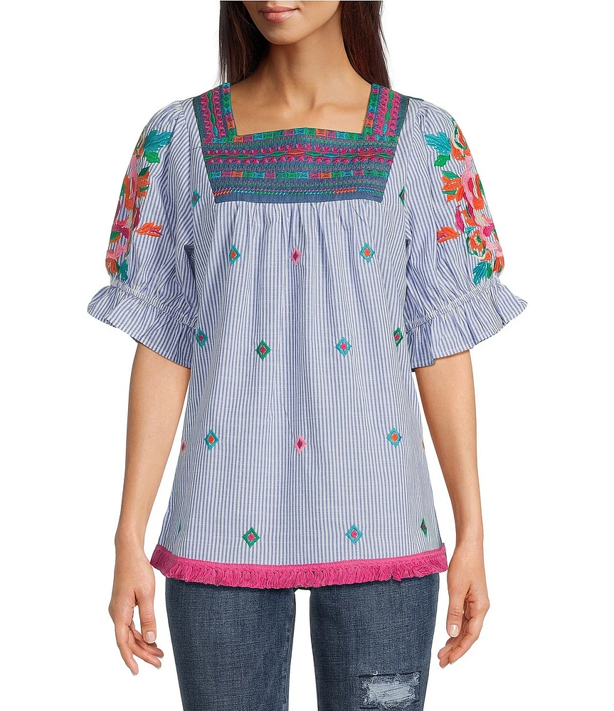 Calessa Square Neck Short Sleeve Embroidered Tunic