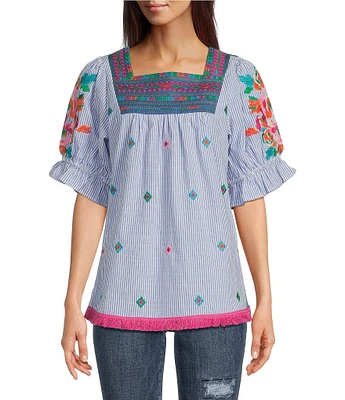 Calessa Square Neck Short Sleeve Embroidered Tunic