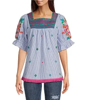 Calessa Square Neck Short Sleeve Embroidered Tunic
