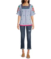 Calessa Square Neck Short Sleeve Embroidered Tunic