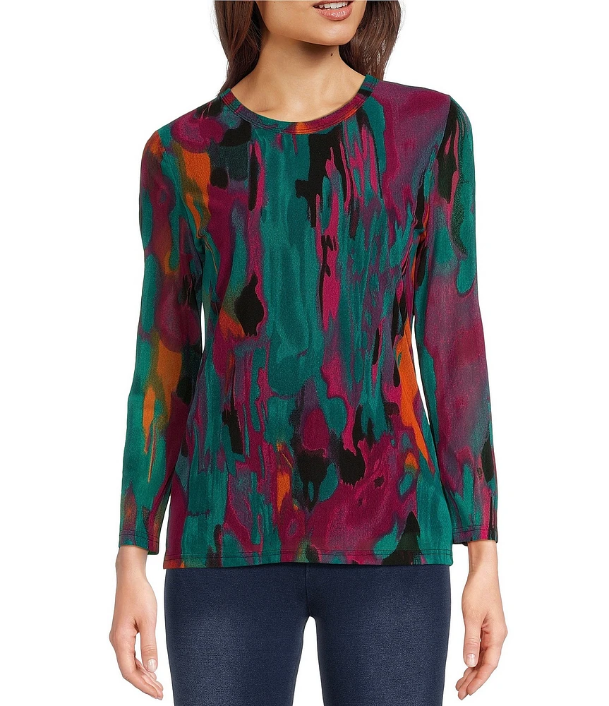 Calessa Stretch Abstract Printed Mesh Crew Neckline 3/4 Sleeve Top