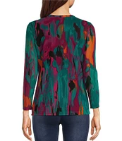 Calessa Stretch Abstract Printed Mesh Crew Neckline 3/4 Sleeve Top