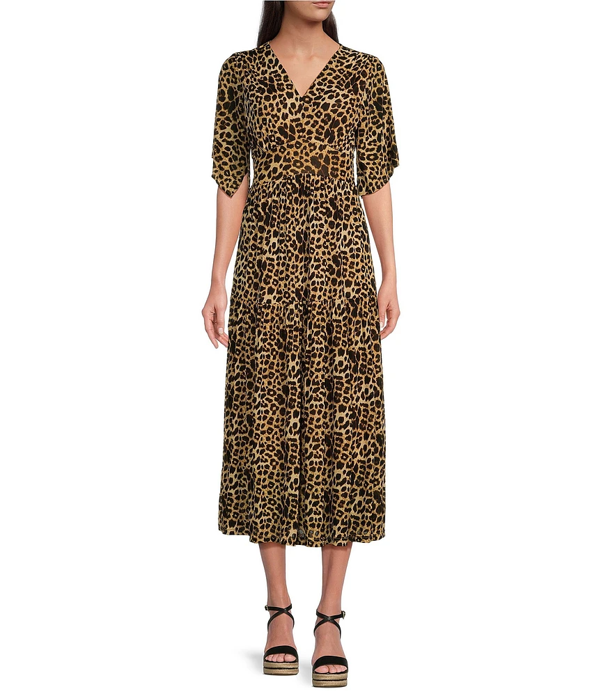 Calessa Stretch Animal Printed Mesh V Neckline Short Sleeve Dress