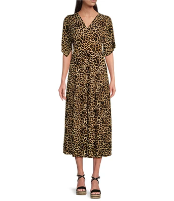 Calessa Stretch Animal Printed Mesh V Neckline Short Sleeve Dress